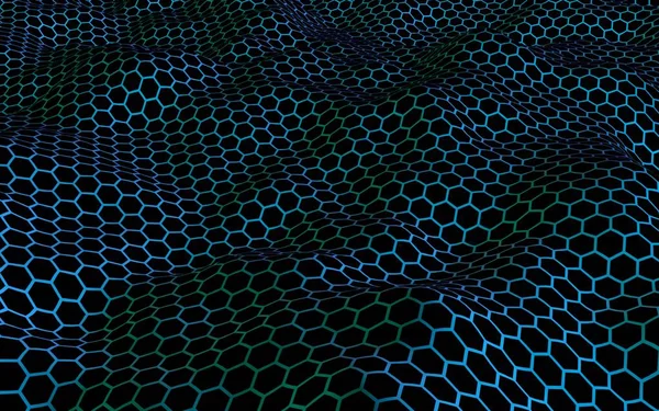 Effet vague bleu nid d'abeille sur un fond sombre. Vue en perspective sur polygone ressemble à nid d'abeille. Géométrie isométrique. Illustration 3D — Photo