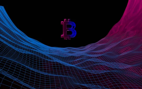 Signatura de moneda digital Bitcoin sobre fondo oscuro abstracto. Crecimiento del mercado de divisas criptográficas. Concepto de negocio, finanzas y tecnología. Ilustración 3D — Foto de Stock