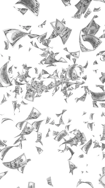 Vliegen dollar biljetten geïsoleerd op een witte achtergrond. Geld is vliegen in de lucht. 100 Amerikaanse bankbiljetten nieuwe steekproef. Zwart-wit stijl. 3D illustratie — Stockfoto