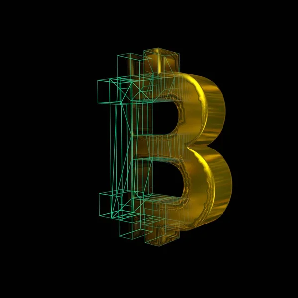Signo de Bitcoin, la cuadrícula verde se convierte en oro sobre un fondo negro. Ilustración 3D — Foto de Stock