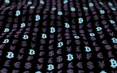 Bitcoin ve para birimi karanlık bir arkaplanda. Dijital şifreleme sembolü. Para balonu, dalga etkisi, piyasa dalgalanmaları. İş konsepti. 3B illüstrasyon