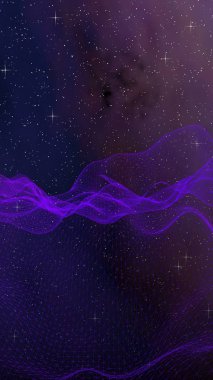 Karanlık bir arka plan üzerinde soyut ultraviyole manzara. Mor siber uzay şebekesi. merhaba teknoloji ağı. Uzay. Menekşe yıldızlı dış uzay dokusu. Dikey görüntü yönlendirmesi. 3d illüstrasyon