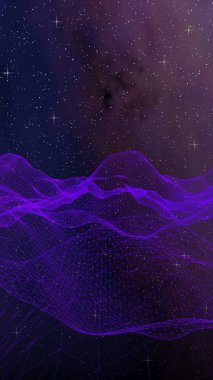 Karanlık bir arka plan üzerinde soyut ultraviyole manzara. Mor siber uzay şebekesi. merhaba teknoloji ağı. Uzay. Menekşe yıldızlı dış uzay dokusu. Dikey görüntü yönlendirmesi. 3d illüstrasyon