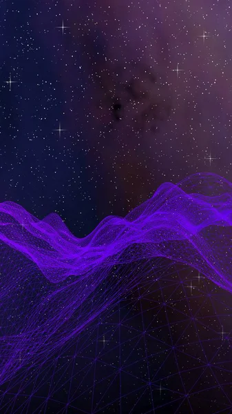 Abstrakcyjny krajobraz ultrafioletowy na ciemnym tle. Purpurowa siatka cyberprzestrzeni. Hi Tech sieci. Kosmosu. Fioletowe gwiaździste tekstury przestrzeni zewnętrznej. Pionowa orientacja obrazu. ilustracja 3D — Zdjęcie stockowe