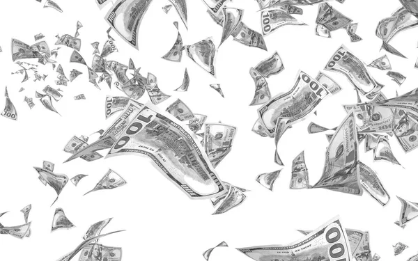 Flying dollars banknotes isolated on white background. Money is flying in the air. 100 US banknotes new sample. Black and white style. 3D illustration — Stock Photo, Image