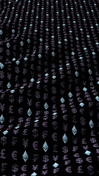 Ethereum Crystal och valuta på en mörk bakgrund. Symbol för digital krypto valuta. Affärsidé. Marknads visning. 3D-illustration — Stockfoto