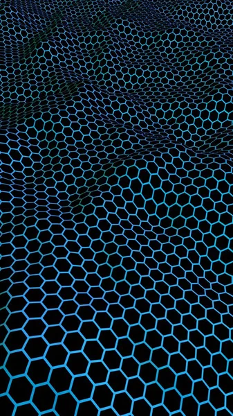 Honingraat golfeffect op een blauw groene achtergrond. Perspectief weergave op veelhoek uitzien als honingraat. Isometrische geometrie. Verticale Beeldoriëntatie. 3D-illustratie — Stockfoto