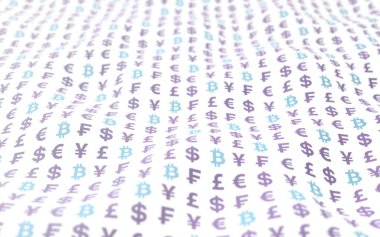 Beyaz arka planda Bitcoin ve para birimi. Dijital kripto para birimi sembolü. Dalga etkisi, döviz piyasası dalgalanmaları. İş konsepti. 3B illüstrasyon