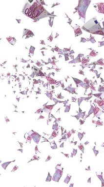 Uçan Avro banknotları beyaz bir arkaplanda izole edilmiş. Havada para uçuyor. 500 EURO renkli. 3B illüstrasyon