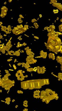 Karanlık bir arka planda dijital para birimi sembolü Bitcoin. Bitcoin düşüşü. Sanal ekranda kripto para birimi grafiği. İş, finans ve teknoloji kavramı. 3B illüstrasyon