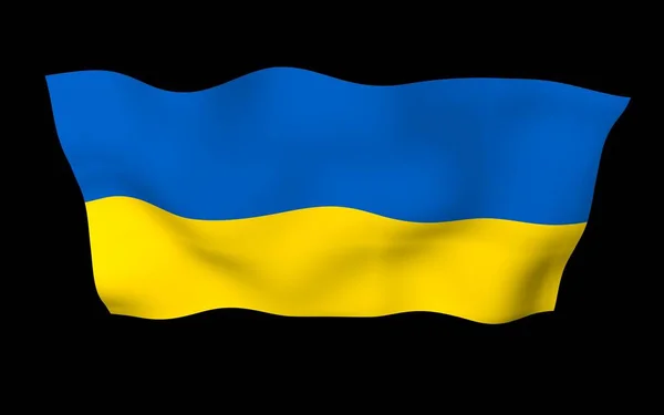 La bandiera di Ukraine su uno sfondo scuro. Bandiera nazionale e guardiamarina statale. Bicolore blu e giallo. Illustrazione 3D sventola bandiera — Foto Stock