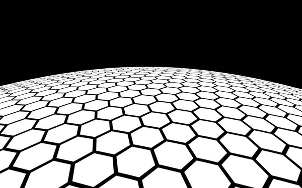 Peine de abeja blanco sobre un fondo oscuro. La perspectiva sobre el polígono parece un panal. Bola, planeta, cubierto con una red, panales, células. Ilustración 3D — Foto de Stock