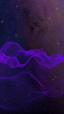 Karanlık bir arka planda soyut ultraviyole manzara. Mor siber uzay şebekesi. Merhaba teknoloji ağı. Uzay boşluğu. Mor yıldızlı uzay dokusu. 3B illüstrasyon