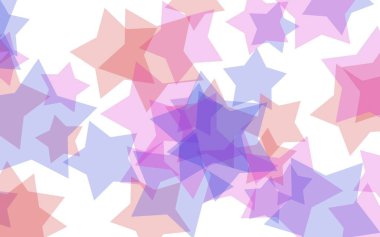 Beyaz arkaplanda çok renkli yarı saydam yıldızlar. Kırmızı tonlar. 3B illüstrasyon