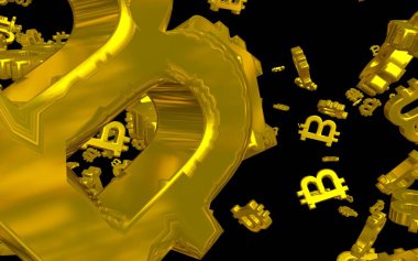 Karanlık bir arka planda dijital para birimi sembolü Bitcoin. Bitcoin düşüşü. Sanal ekranda kripto para birimi grafiği. İş, finans ve teknoloji kavramı. 3B illüstrasyon