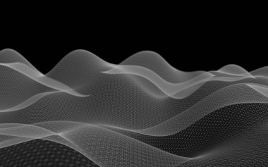 Siyah arka plan üzerinde soyut gri manzara. Siber uzay şebekesi. merhaba teknoloji ağı. 3d teknoloji illüstrasyon. Alan derinliği. 3d illüstrasyon