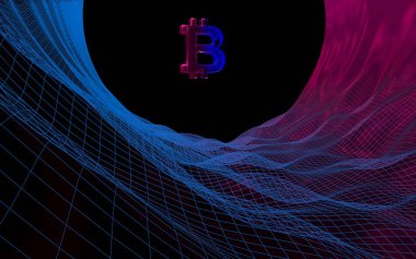 Soyut karanlık arka planda dijital para birimi sembolü Bitcoin. Kripto para piyasasının büyümesi. İş, finans ve teknoloji konsepti. 3d illüstrasyon