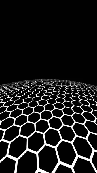 Dark honeycomb on dark background. Perspective view on polygon look like honeycomb. Ball, planet, covered with a network, honeycombs, cells. 3D illustration — Stock Photo, Image