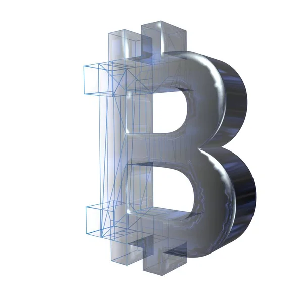 Bitcoin skylt, platina eller silver förvandlas till ett blått rutnät på en vit bakgrund. 3D-illustration — Stockfoto