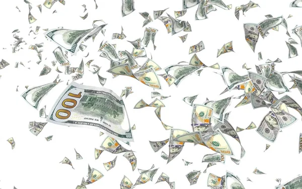Vliegende dollars bankbiljetten geïsoleerd op witte achtergrond. Het geld vliegt de lucht in. 100 Amerikaanse bankbiljetten nieuwe steekproef. 3D illustratie — Stockfoto