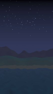 Yıldızlı aysız gökyüzü. Sahilde dalgalarla okyanus kıyısı. Dalgalar ile Ada plaj cenneti. Tatil, yaz, rahatlama. Deniz manzarası, deniz kıyısı. Minimalist manzara, ilkellik. 3d illüstrasyon