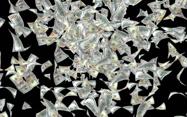 Dolar banknotlar uçan koyu arka plan üzerinde izole. Para havada uçuyor. 100 ABD banknotlar yeni örnek. 3D çizim