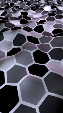 Değişken renkte bir bal peteği. Çokgenin perspektif görüntüsü bal peteğine benziyor. Dalgalı yüzey. İzometrik geometri. 3B illüstrasyon