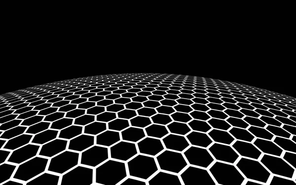 Dark honeycomb on dark background. Perspective view on polygon look like honeycomb. Ball, planet, covered with a network, honeycombs, cells. 3D illustration — Stock Photo, Image