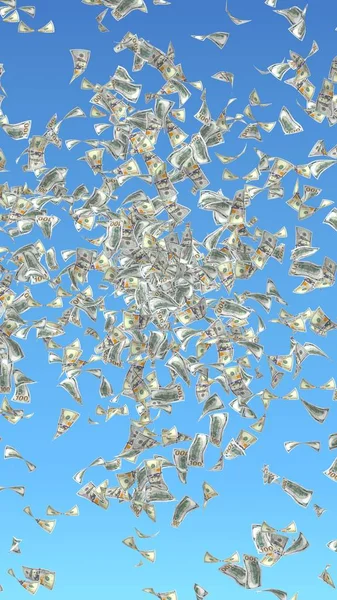 Банкноты с летающими долларами изолированы на синем фоне. Деньги летят в воздухе. 100 банкнот США новый образец. 3D иллюстрация — стоковое фото