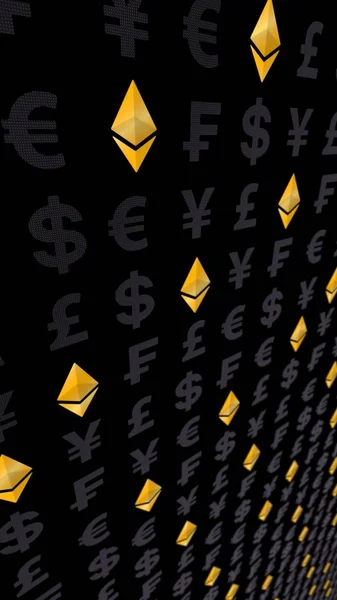 Ethereum classique et la monnaie sur un fond sombre. Symbole de crypto-monnaie numérique. Concept d'entreprise. Affichage marché. Illustration 3D — Photo