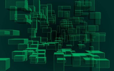 Yeşil ve koyu arka dijital ve teknoloji plan. Dikdörtgenler tekrarlayan olan desen. 3D çizim