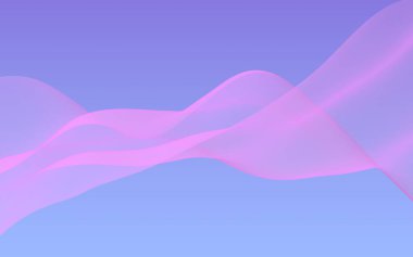 Mavi gökyüzü soyut arka plan pembe dalga. Çırpınan pembe atkı. Rüzgar pembesi kumaşa el sallıyor. 3d illüstrasyon