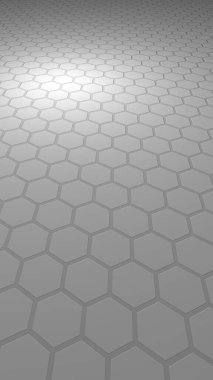 Gri arka plandaki petek. Çokgen in perspektif görünümü petek gibi görünüyor. Ekstrüde, yumru hücresi. Biyometrik geometri. Dikey görüntü yönlendirmesi. 3d illüstrasyon