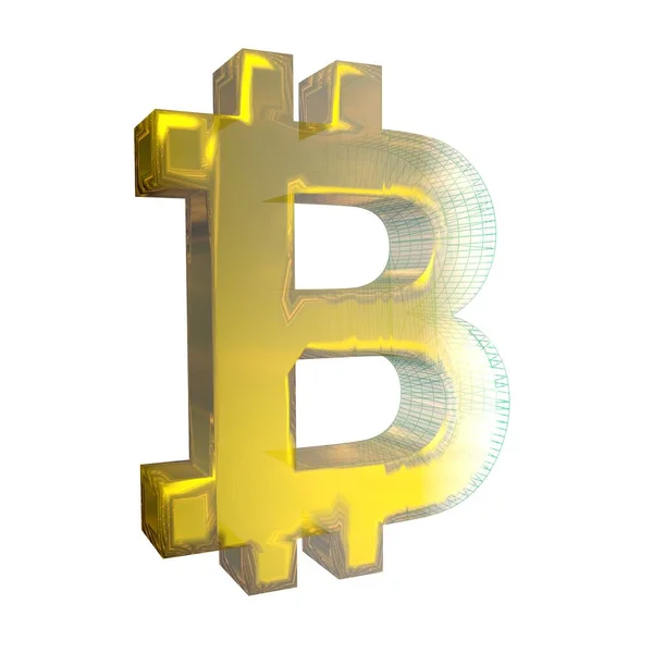 Bitcoin sign, the green grid turns into gold on white background. 3D illustration — Stock Photo, Image