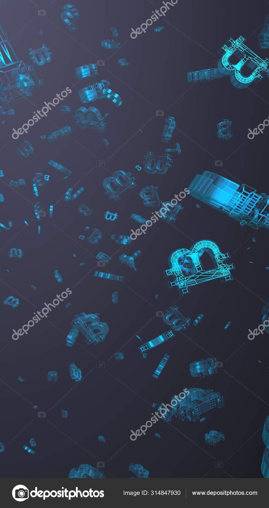 디지털 화폐의 상징인 비트코인은 어두운 배경에 있다. 비트코인의 몰락. 가상 화면의 암호화 통화 그래프입니다. 사업, 금융 및 기술  개념. 3D 삽화 — 스톡 사진 © Nice_Photos #314847930