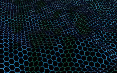 Petek mavi dalga etkisi koyu bir arka plan üzerinde. Çokgen in perspektif görünümü petek gibi görünüyor. Biyometrik geometri. 3d illüstrasyon