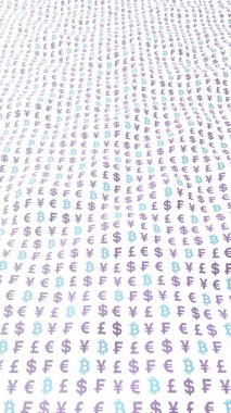 Bitcoin ve para birimi beyaz bir arka plan üzerinde. Dijital kripto sembolü. Döviz balonu, dalga etkisi, piyasa dalgalanmaları. İş konsepti. 3d illüstrasyon