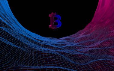 Soyut karanlık arka planda dijital para birimi sembolü Bitcoin. Kripto para piyasasının büyümesi. İş, finans ve teknoloji konsepti. 3d illüstrasyon