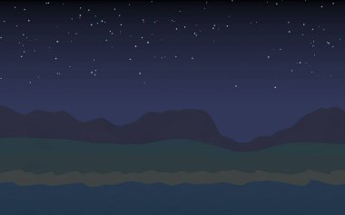 Yıldızlı aysız gökyüzü. Sahilde dalgalarla okyanus kıyısı. Dalgalar ile Ada plaj cenneti. Tatil, yaz, rahatlama. Deniz manzarası, deniz kıyısı. Minimalist manzara, ilkellik. 3d illüstrasyon