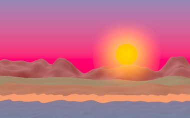 Sun Sea Beach. Sunrise. Sahilde dalgalarla okyanus kıyısı. Dalgalar ile Ada plaj cenneti. Tatil, yaz, rahatlama. Deniz manzarası, deniz kıyısı. Minimalist manzara, ilkellik. 3d illüstrasyon