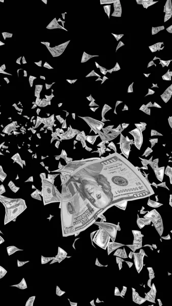Flygande dollar sedlar isolerade på mörk bakgrund. Pengar flyger i luften. 100 amerikanska sedlar nytt stickprov. Svart och vit stil. 3D illustration — Stockfoto