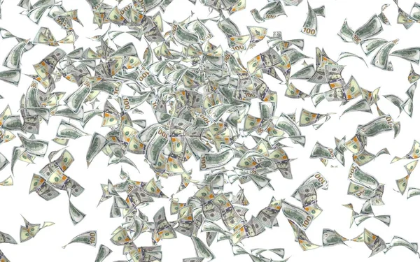 Billets volants en dollars isolés sur fond blanc. L'argent vole dans les airs. 100 billets américains nouvel échantillon. Illustration 3D — Photo