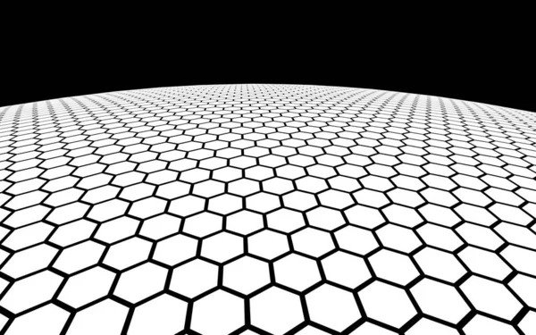어두운 배경에 흰색 벌집입니다. 다각형에 대한 투시 뷰는 벌집처럼 보입니다. 공, 행성, 네트워크, 벌집, 세포로 덮여. 3D 일러스트레이션 — 스톡 사진