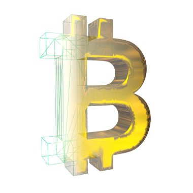 Bitcoin işareti, yeşil şebeke beyaz arka planda altına dönüşür. 3B illüstrasyon