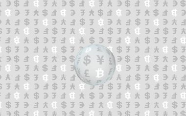 Gri arka planda Bitcoin ve para birimi. Dijital kripto para birimi sembolü. İş konsepti. Piyasa görüntüsü. 3B illüstrasyon