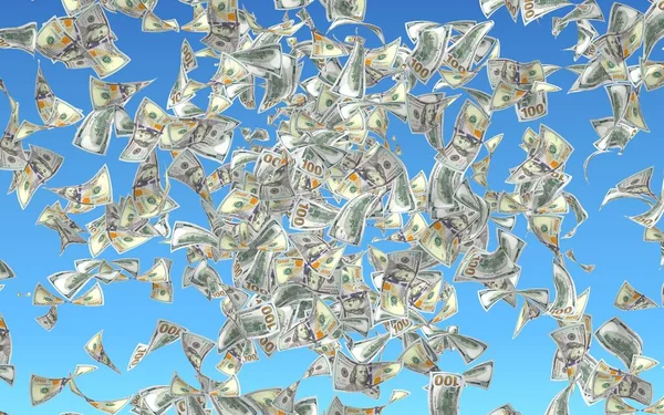 Flying dollars bankbiljetten geïsoleerd op een blauwe achtergrond. Geld vliegt in de lucht. 100 Amerikaanse bankbiljetten nieuwe sample. 3D-illustratie — Stockfoto