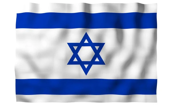A bandeira de Israel. Símbolo de Estado do Estado de Israel. Uma estrela azul de David entre duas listras azuis horizontais em um campo branco. ilustração 3d — Fotografia de Stock