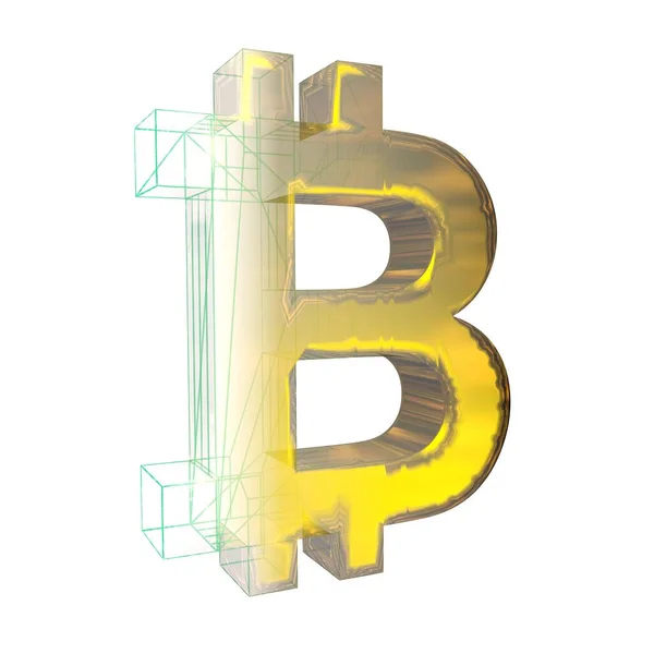 Bitcoin-Zeichen, das grüne Gitter verwandelt sich in Gold auf weißem Hintergrund. 3D-Illustration — Stockfoto