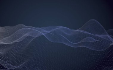 Karanlık bir arka plan üzerinde soyut manzara. Siber uzay donanması mavi ızgara. merhaba teknoloji ağı. 3d illüstrasyon