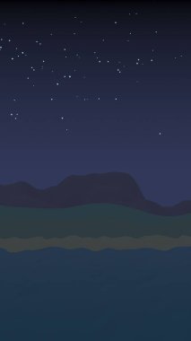 Yıldızlı aysız gökyüzü. Sahilde dalgalarla okyanus kıyısı. Dalgalar ile Ada plaj cenneti. Tatil, yaz, rahatlama. Deniz manzarası, deniz kıyısı. Minimalist manzara, ilkellik. 3d illüstrasyon